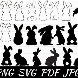 Może przedstawiać: Zestaw 20 czarno-białych sylwet królików. Króliki są w różnych pozach, w tym stoją, siedzą i skaczą. Obrazy są idealne do rękodzieła, scrapbookingu lub projektowania cyfrowego.
