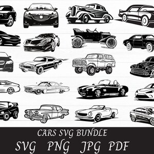 Könnte beinhalten: Eine Sammlung von 18 schwarzen und weißen Auto-Silhouetten-SVG-Schnittdateien. Die Autos sind in verschiedenen Stilen, darunter klassische, moderne und Sportwagen. Die SVG-Dateien können für Basteln, Scrapbooking und andere kreative Projekte verwendet werden.