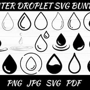May include: A black and white SVG bundle featuring various water droplet designs. The image includes different styles of droplets, some with outlines, filled in, or with additional details like ripples. Text at the bottom reads "WATER DROPLET SVG BUNDLE" and file type options.