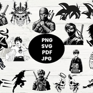 May include: Black and white digital illustrations of various characters, including a samurai, a ninja, a dragon, and a skull. The text "PNG SVG PDF JPG" is also included in the image.