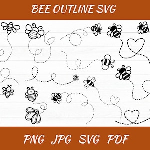 Bee Outline Svg Bundle, Cute Honey Bee Cutting File, Bee SVG, Bee Clipart, Bee path dotted lines bundle, Bee with heart Digital Download