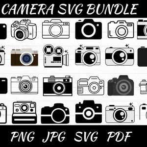 Pode incluir: Uma coleção de 20 ilustrações de câmeras em preto e branco, e uma em cores. As câmeras são de vários estilos, incluindo câmeras digitais e de filme. O texto "CAMERA SVG BUNDLE" está no topo e "PNG JPG SVG PDF" na parte inferior.