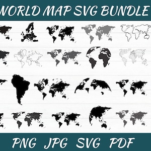 May include: A collection of world map SVG designs in various styles, including solid, outline, and dotted versions. The designs are in black and gray, with globe illustrations. Text at the top reads "WORLD MAP SVG BUNDLE" and at the bottom "PNG JPG SVG PDF".