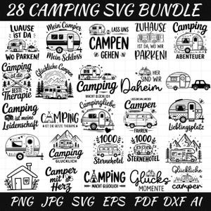 May include: A bundle of 28 camping-themed SVG designs in black and white. The designs feature camper vans, trailers, and phrases such as "Camping is the best therapy" and "Happy Camper". Formats include PNG, JPG, SVG, EPS, PDF, and DXF.
