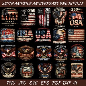 May include: A collection of patriotic designs celebrating the 250th anniversary of America. The designs feature eagles, flags, and the text "USA" and "250 Years of Freedom" in red, white, and blue.