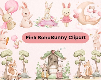 Rosa Boho Hase Clipart: Baby Shower Kaninchen (digitaler Download)