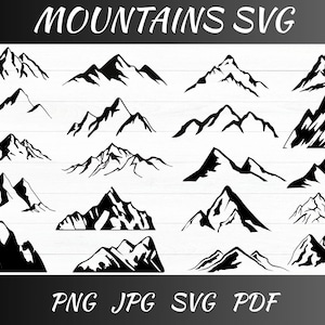 May include: A collection of black and white mountain silhouette designs. The image includes various mountain peak illustrations, with the text "MOUNTAINS SVG" at the top and file type indicators "PNG JPG SVG PDF" at the bottom.