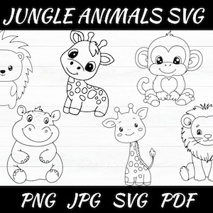 Könnte beinhalten: Schwarz-Weiß-Strichzeichnung von sechs Dschungeltieren: einem Igel, einer Giraffe, einem Affen, einem Nilpferd, einer kleinen Giraffe und einem Löwen. Der Text oben lautet "JUNGLE ANIMALS SVG". Darunter die Dateitypen: PNG JPG SVG PDF.