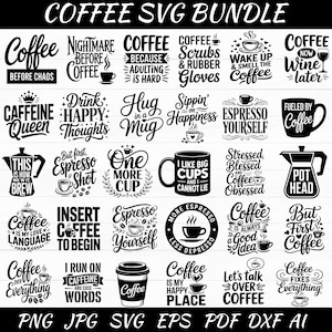 以下が含まれることがあります： 「Coffee SVG BUNDLE」と書かれた、白黒のコーヒーをテーマにしたSVGバンドル。 「Coffee Before Chaos」や「Espresso Yourself」などの様々な引用句やフレーズが含まれています。 コーヒーカップ、マグカップ、コーヒーポットが含まれています。 ファイル形式：PNG、JPG、SVG、EPS、PDF、DXF、AI。