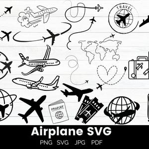 May include: A set of black and white airplane SVG cut files. The set includes various airplane designs, including a globe, a passport, luggage, and a heart with a dotted line. The text "Airplane SVG" is at the bottom of the image, with the text "PNG SVG JPG PDF" below it.