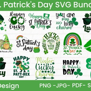 Op de afbeelding: Een set van 21 St. Patrick's Day SVG-ontwerpen met verschillende groene klaver- en klaverafbeeldingen, waaronder een kabouter, een dinosaurus, een hoefijzer, een regenboog en zonnebrillen. De tekst "Happy Go Lucky", "Happy St. Patrick's Day", "You Are My Lucky Charm", "St. Patrick's Day", "Mister Lucky Charm" en "Happy St. Patrick's Day" is opgenomen in de ontwerpen.