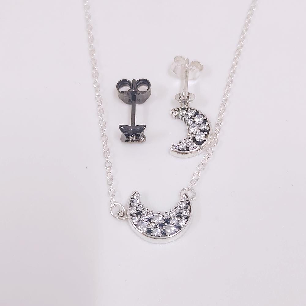 Pandora Moon and Stars Necklace Stud Earrings Set Black Silver