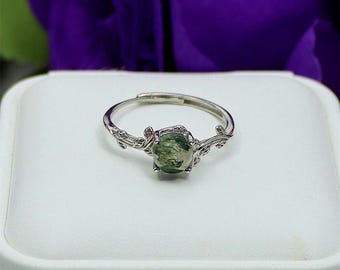 Oval cut Moss Agate Engagement Ring Leaf and vine Engagement Ring White Gold Ring Nature Inspired Alternative Gemstone Promise ring for her