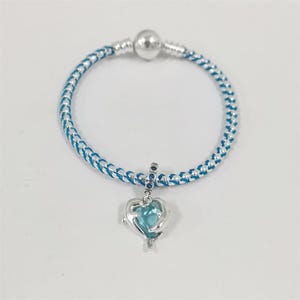 May include: A silver bracelet with a blue and silver woven band. A heart-shaped charm with a light blue center and silver dolphin design hangs from the bracelet. The bracelet has a silver clasp.