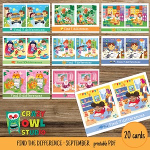 May include: A collection of colorful "Find the Difference" game cards. Each card features vibrant illustrations with text indicating the number of differences to find. The set includes 20 cards, with themes like school buses, squirrels, and classrooms. The Crazy Owl Studio logo is also visible.
