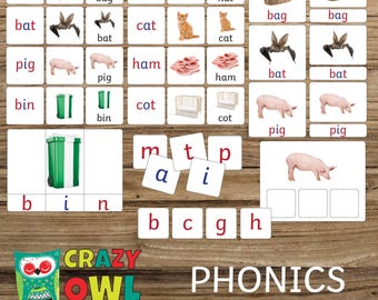 May include: Educational phonics flashcards with images and words, including "bag," "hat," "bat," "cat," "pig," "ham," "bin," and "cot." The set also includes letter tiles and the text "PHONICS set 3" and "CRAZY OWL STUDIO."