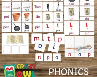 May include: Educational phonics flashcards with words like "map," "man," and "pan." The set includes images of objects and people, along with letter tiles for spelling. The "Crazy Owl Studio" logo and "PHONICS set 2" text are also visible.
