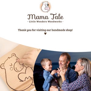 May include: A wooden growth chart with a hand-drawn illustration of a bear holding a heart. The chart is designed for tracking a child's height. The text "Mama Tale - Little Wonders Woodworks -" is printed on the chart. The text "Thank you for visiting our handmade shop!" is also printed on the chart.