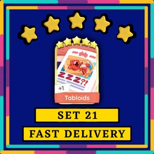 May include: A card with a cartoon cat sleeping on a bed, with the text "ZZZ?!" and "+1". The card is labeled "Tabloids" and is surrounded by gold stars. The text "SET 21" and "FAST DELIVERY" are in yellow boxes.