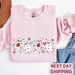Valentine&#39;s day ghost sweatshirt, ghosts with hearts valentine gift, spooky valentine sweat, be my boo valentines tee, happy valentines day