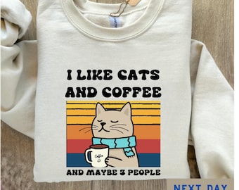 I like cats and coffee shirt, funny cat sweatshirt, coffee lover shirt, retro coffee shirt, cat mom gift, cat lover shirt, vintage cat shirt
