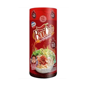 May include: Red and white cylindrical container of BonCabe Rasa Original chili powder with a level 10 heat rating. The container features a cartoon chili pepper and a bowl of noodles with chili powder on top. The text "Sambal Tabur" is printed on the container.
