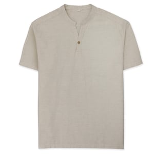 May include: A light beige short-sleeved shirt with a mandarin collar and a single button closure at the neck.