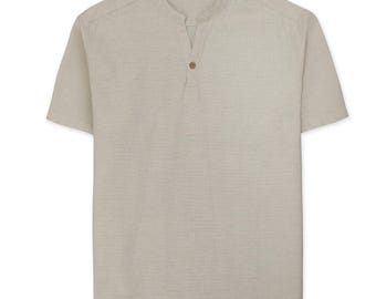 Camisa Henley de lino y algodón para hombre: Top de verano de manga corta con cuello mao