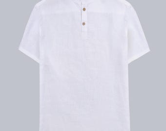 Men’s Short Sleeve Linen Henley Shirt – White & Natural Linen Color – Breathable Summer Top