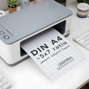 Maqueta de impresora gris A4 de 5x7 / Capa de objeto inteligente PSD JPG / Guías de recorte / Escena de escritorio moderno y brillante / Plantilla para exhibición de productos digitales