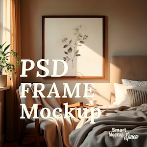 Makieta ścienna 1x1 w kwadratach | Warstwa obiektów inteligentnych PSD | Linie pomocnicze | Wyeksponowanie ramki z ciemnego drewna | Przytulna, neutralna sypialnia | Szablon do edycji