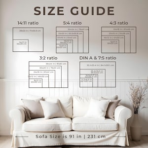 May include: A size guide graphic with various aspect ratios and dimensions in inches and centimeters. The guide includes 14:11, 5:4, 4:3, 3:2, and DIN A & 7:5 ratios. A white sofa with a 91-inch (231 cm) size is shown below the guide.
