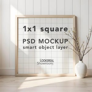 1x1 Wall Art Thumbnail Mockup | PSD Smart Object Layer | Crop Guides  | 30x30 Square Wood Frame | Light Cottagecore Farmhouse Template