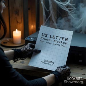May include: A white US Letter paper sheet featuring a black grid pattern and the text US LETTER Printer Mockup PSD smart object layer with the logo LOOKSREAL Showroom at the bottom, held by hands wearing black lace gloves in a dimly lit room.