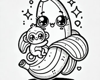 面白いバナナのぬり絵 - かわいいフルーツデザイン（デジタルダウンロード）
