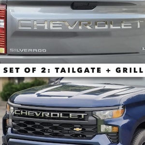 SET OF 2: Tailgate Inserts + Overlay Front Plastic Letters fit Silverado 2022 2023 2024 2025 in Chrome
