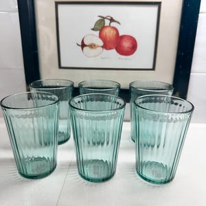 Vintage IKEA Green Ribbed Glasses – Set of 6 – Made in France – 12 oz Drinking Glasses – Retro Kitchenware