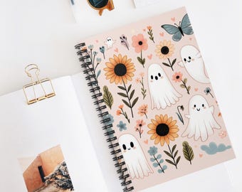 Cute Ghosts and Sunflowers Spiral Notebook | Ruled Journal
