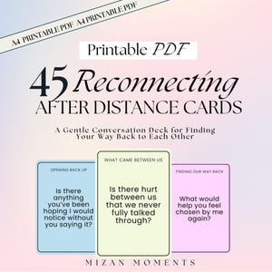 May include: Printable PDF of 45 Reconnecting After Distance Cards. The cards are designed as a gentle conversation deck for finding your way back to each other. The cards have questions like "Is there anything you've been hoping I would notice without you saying it?"