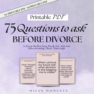 Puede incluir: PDF imprimible titulado "75 preguntas para hacer antes del divorcio". La imagen presenta una baraja de cartas con preguntas sobre el matrimonio, las finanzas y las decisiones futuras. El texto incluye "Una baraja de reflexión profunda para cualquiera que cuestione su matrimonio."