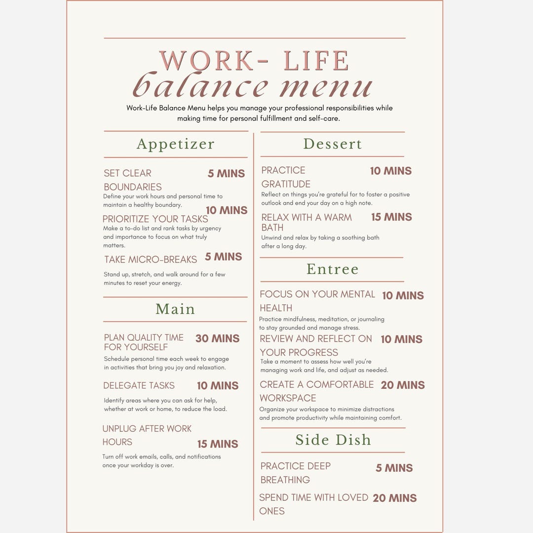 Work Life Balance Menu | Balancing Work Load Pdf | Working Processional ...