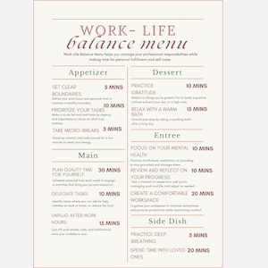work life balance menu | balancing work load pdf | working processional printable reminders | digital download | work life balance