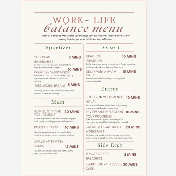 work life balance menu | balancing work load pdf | working processional printable reminders | digital download | work life balance