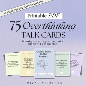 May include: Printable PDF of 75 Overthinking Talk Cards. The cards are in various pastel colors and feature questions to help with overthinking. The cards have text such as "Come Back to the Present" and "Separate Facts from Fear".