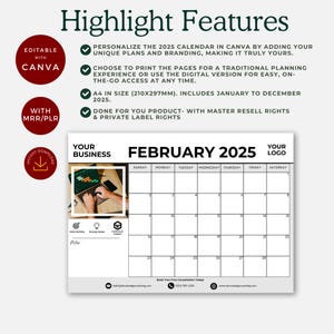 Druckbarer Planer zum Weiterverkaufen, Digitaler Kalender 2025, bearbeitbarer 12-Monats-Kalender mit Weiterverkaufsrechten