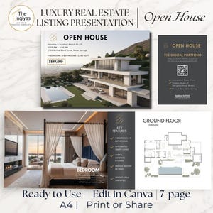 May include: A luxury real estate listing presentation with the text "Open House". The presentation includes a photo of a modern home, a bedroom, and a floor plan. Text includes "Ready to Use", "Edit in Canva", and "Print or Share".