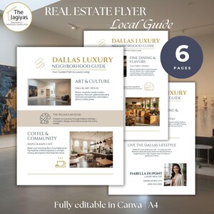 Pode incluir: Um conjunto de folhetos imobiliários de seis páginas intitulados "Dallas Luxury Neighborhood Guide". Os folhetos apresentam um design bege e branco com texto e imagens sobre arte, gastronomia e estilo de vida. Totalmente editável no Canva, formato A4.