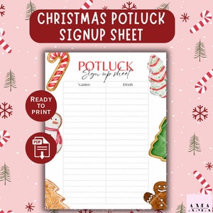 Op de afbeelding: Een afdrukbaar kerstpotluck-inschrijfformulier met aquarel illustraties van kerstkoekjes, zuurstokken en een sneeuwpop. Het formulier bevat ruimte voor namen en gerechten, met de tekst "Christmas Potluck Signup Sheet".