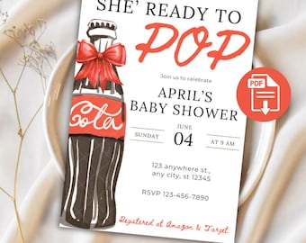 She's Ready To Pop babyshower uitnodiging frisdrank pop uitnodiging cola babyshower klaar om cola genderneutraal baby rood schattig zoet