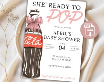 She's Ready To Pop babyshower uitnodiging frisdrank pop uitnodiging cola babyshower klaar om cola genderneutraal babymeisje rood schattig zoet